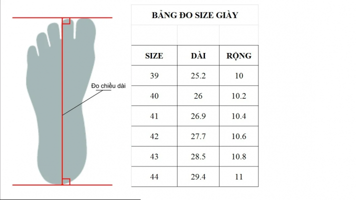 Bảng size giày dép